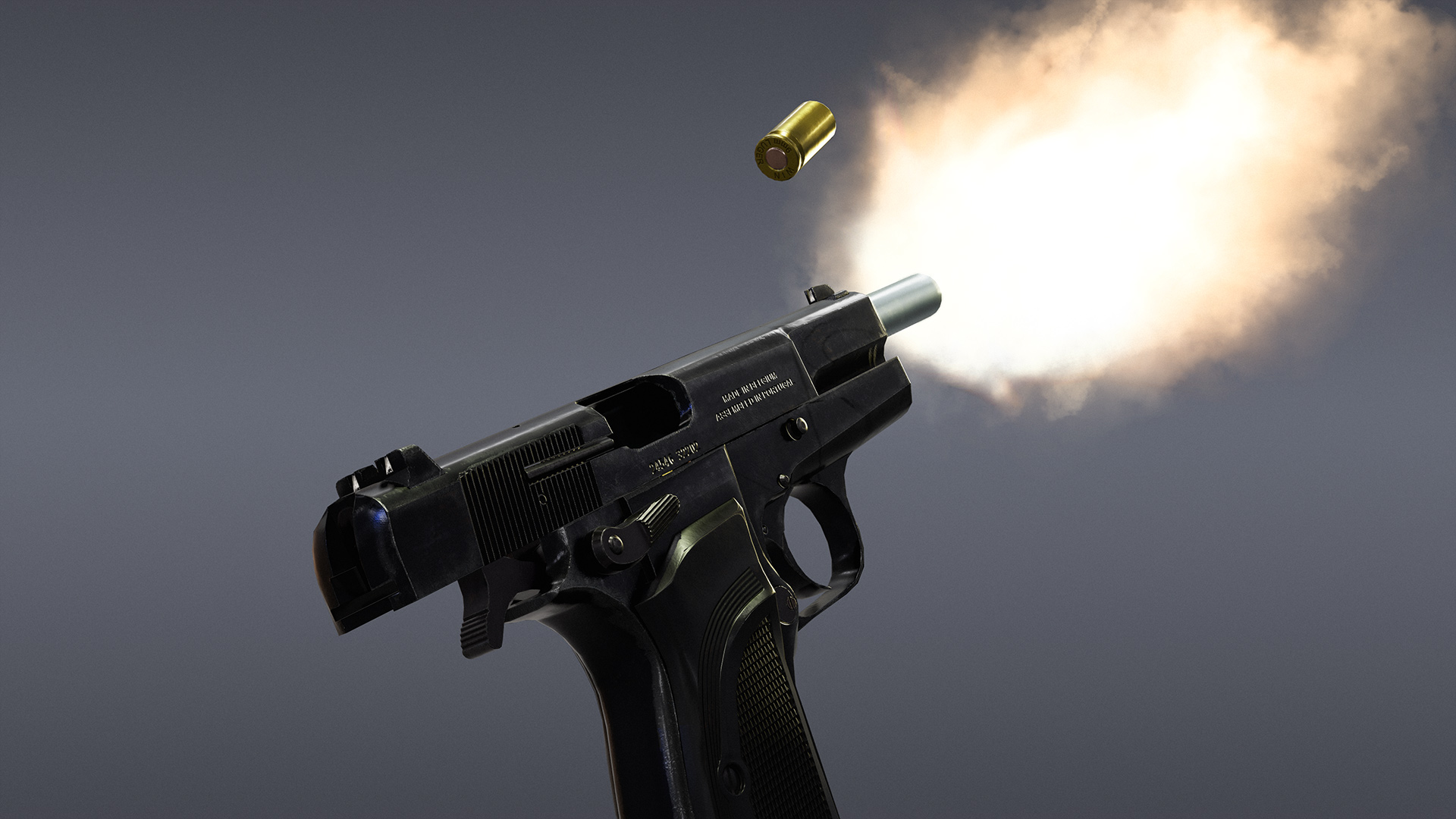 Marmoset render of Browning Hi Power Mark 3 Model Firing with empty case ejecting from side of weapon.